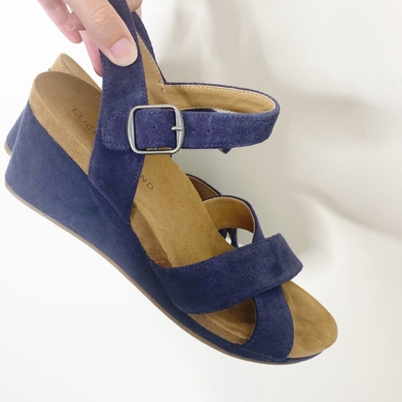 Lucky Brand Shoes - Lucky Brand navy blue suede brown wedges